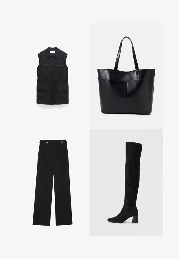 Schwarze ärmellose Weste, Knopfverschluss, zwei Brusttaschen, zwei Fronttaschen, elastischer Taillendetail, glattes Material, maßgeschneiderte Gestaltung.; Weißes kurzärmliges T-Shirt aus Baumwolle. Hat eine lockere Passform mit Rundhalsausschnitt und leicht gesenkten Schulternähten. Keine Muster oder Akzente.; Schwarze weite Hosen mit hoher Taille, Knopfdetails am Bund und vorderen Falten.; Schwarze Wildleder-Stiefel bis zum Knie mit Blockabsatz, spitzer Zehe und glattem, nahtlosem Design auf einem schlichten, hellen Hintergrund.; Schwarze Leder-Shopper-Tasche mit zwei langen Griffen, einer glatten Textur und einer strukturierten Form. Verfügt über eine Vordertasche für zusätzlichen Stauraum.