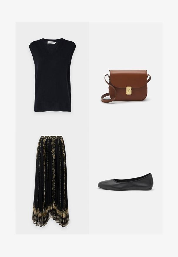 Navy gestrickter ärmelloser Pullover mit V-Ausschnitt, mit geripptem Saum und Armausschnitten. Hergestellt aus weichem Material mit glatter Textur.; Weißes kurzärmliges T-Shirt aus geripptem Stoff. Runder Halsausschnitt, normale Passform und dezente Nähte. Keine Muster oder Grafiken.; Schwarzer plissierter Rock mit floraler Stickerei in Gold- und Grüntönen, mit einem dekorativen Bund und einem fließenden, asymmetrischen Saum.; Schwarze Leder-Ballettschuhe mit abgerundeter Spitze, glatter Textur, minimalen Nähdetails und einem flexiblen Sohlen-Design.; Braune Ledertasche mit Klappenverschluss, Beschlägen in Goldfarbe, einem Schultergurt und einer glatten Oberfläche. Kompakte rechteckige Form.