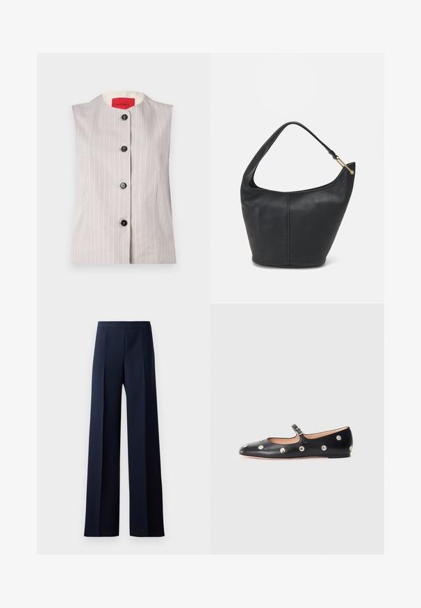 Vesta gri fără mâneci, cu dungi albe, decolteu rotund și cinci butoane negre în față; dispune de un căptușel interior crem.; Pulover bej dintr-un material moale, tricotat. Dispune de guler rotund, mâneci lungi și cusături ribbate la mansete și la tiv, cu un design al mânecilor tip raglan.; Pantaloni cu picioare largi din țesătură bleumarin închis, având o textură netedă, pliuri frontale subtile și o talie ajustată pentru o siluetă elegantă.; Pantofii Mary Jane din piele neagră, cu vârful rotund, decorati cu nasturi circulari argintii și o curea ajustabilă cu cataramă.; Geantă din piele neagră, cu o formă rotunjită, curea lată și un finisaj texturat. Are detalii subtile de cusătură și un accent din metal de culoare aurie.
