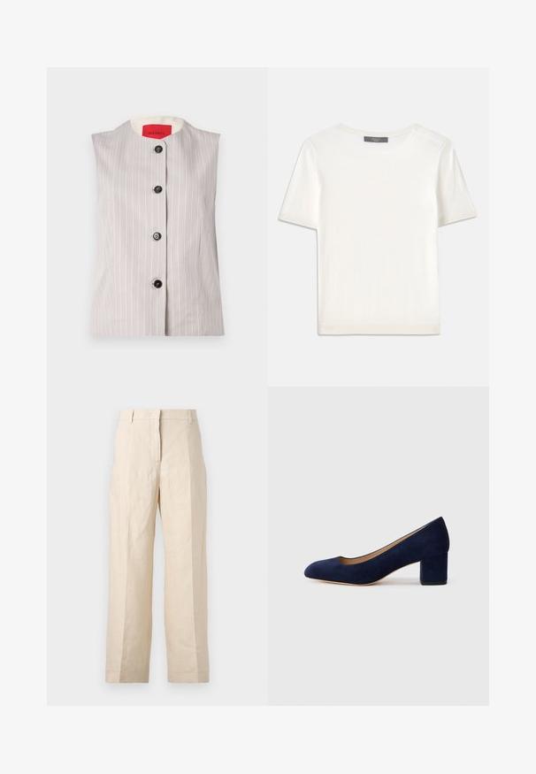 Ujjatlan szürke mellény fehér csíkokkal, kerek dekoltázzsal és öt fekete gombbal elöl; krémszínű bélés jellemzi.; Fehér, rövid ujjú kötött felső, kerek nyakkivágással, sima textúrával és diszkrét bordázott részletekkel az ujjain és az alján.; Beige len vászonnadrág laza fazonnal, plisszírozott elülső résszel és egyenes lábakkal. Jellemzője a derékpánt övhurkokkal és látható zsebek nélkül.; Tengerészkék velúr, hegyes orrú pumpa, középmagas tömbsarkúval. Simítású felület finom fénylő hatással, elöl egy kis kivágással.
