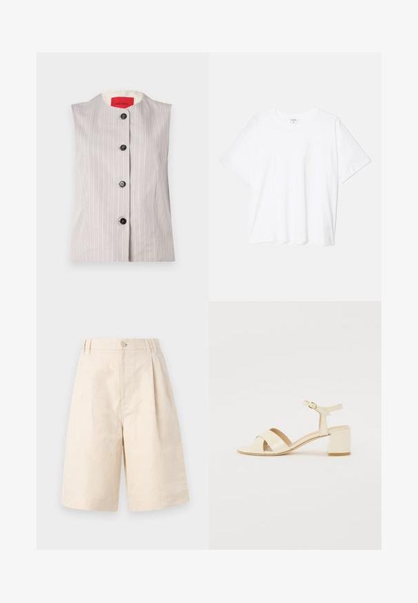 Ujjatlan szürke mellény fehér csíkokkal, kerek dekoltázzsal és öt fekete gombbal elöl; krémszínű bélés jellemzi.; Fehér pamut póló rövid ujjal, kerek nyakkivágással, laza fazonnal és varrott szegéllyel. Címke látható a belső nyakrészén.; Beige lenvászon rövidnadrág laza fitben, gombos zárással, plisszírozott kialakítással és térdig érő hosszúsággal. Sima textúra és egyszerű stílus.; Beige lakkbőr magassarkú szandál, kereszttartós kialakítással, nyitott orral, állítható bokapánttal és tömbsarokkal. Sima textúrával.
