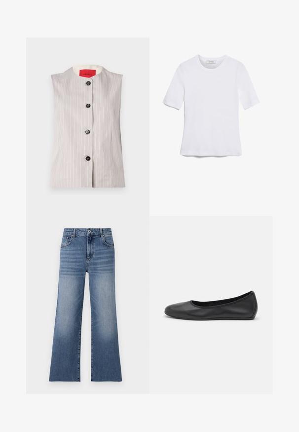 Ärmlös grå väst med vita ränder, rund halskrage och fem svarta knappar fram; har ett krämfärgat innerfoder.; Vit kortärmad t-shirt i ribbat tyg. Rund halsringning, normal passform och diskreta sömdetaljer. Inga mönster eller tryck.; Ljust blå denimvidbenade jeans med hög midja, som har framfickor, knappstängning och ett blekt mönster på benen.; Svart läderballerinaskor med rund tå, slät yta, minimala söm detaljer och en flexibel sula.