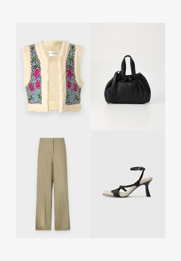 Kreemist fliisvesti, millel on mustal kangal roosa, sinise ja rohelise lilleline tikand. Omab avatud esipoolt ja tekstureeritud pindkatet.; Mustrist kinnastega lühikeste varrukatega sviiter ümmarguse kaelusega ja soonikservaga. Sile tekstuur, lõdva istuvusega. Minimalistlik disain.; Heled roheline, laiad püksid, mis on valmistatud linast. Omab kõrget vööd ja puhta esiküljega disaini, millel on üks volt.; Mustad musta kontsaga sandaal, millel on punutud rihma disain, ruudukujuline varvas ja reguleeritav pahkluu rihm. Heleda beeži värvi jalapadi ja läikiv must konts.; Mustmust mustkott mustrihmaga ülaosa disainiga, millel on kaks lühikest käepidet ja pikk reguleeritav rihm. Sile tekstuur, ümar kuju.