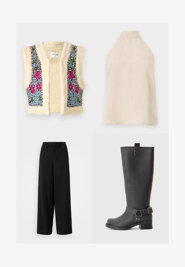 Fleece vesta v krémové barvě s květinovou výšivkou v růžové, modré a zelené na černé tkanině. Má otevřený přední díl a texturovaný povrch.; Beige halterní top, bez rukávů, měkká tkanina s hladkým povrchem, vysoký límec a A-liniová silueta. Minimalistický styl.; Černé kalhoty širokého střihu z hladkého materiálu, s plochým předním dílem, sklady a poutky na opasek v pase.; Černé kožené vysoké boty po kolena s texturovaným povrchem, které mají boční kovovou sponu a nízký podpatek. Podrobné šití podél švů.
