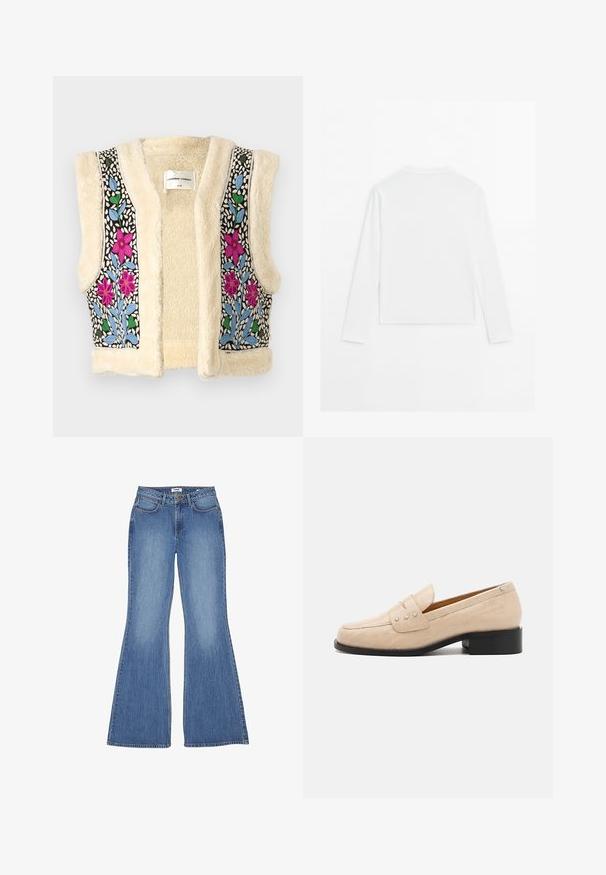 Fleece vest in cream with floral embroidery in pink, blue, and green on black fabric. Features open front and textured finish.; Plain white long-sleeve shirt, crew neck, shown from the back, laid flat on a white background.; Flared blue denim jeans with a high waist, five pockets, and contrast stitching; smooth texture and classic wash.; Beige leather loafers with a crocodile texture, featuring a square toe and three metallic star accents on the top. Black low heel.
