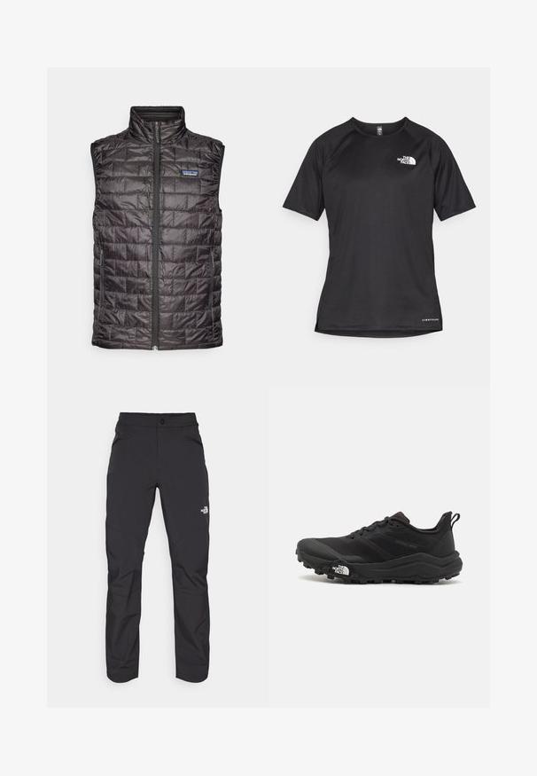 Schwarze gepolsterte Weste mit hohem Kragen, umrandeten Nähten, Frontreißverschluss und Seitentaschen. Mit Patagonia-Logo auf der Brust.; Schwarzes kurzärmliges Sportshirt aus strukturiertem Stoff, mit einem weißen Logo auf der linken Brust und einem geraden Saum.; Schwarze Outdoor-Hosen mit einer Reißverschlusstasche vorne, aus synthetischem Material, mit schmal zulaufenden Beinen und verstärkten Kniefeldern. Verfügt über einen Knopfverschluss.; Schwarzer Trailrunning-Schuh mit strukturiertem Obermaterial, Gummisohle und verstärkter Zehenkappe. Verfügt über einen gepolsterten Kragen und eine Ziehlasche für einfaches Anziehen.