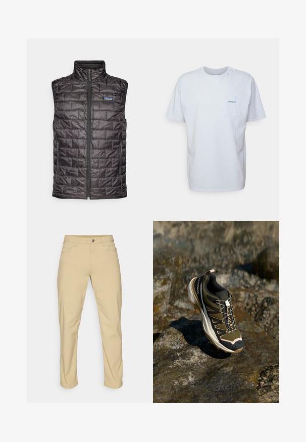 Juodas paminkštintas liemuo su aukštu apykakle, išryškintomis siūlėmis, priekine užtrauktuku ir šoninėmis kišenėmis. Krūtinėje yra Patagonia logotipas.; Balta medvilninė marškinėliai su trumpomis rankovėmis, apvaliu kaklu ir kairėje krūtinės pusėje esančia kišenėle, turinčia mėlyną "Patagonia" logotipą. Klasikinis siluetas su lygiu paviršiumi.; Patagonia QUANDARY PANTS - Lauko kelnės - classic tan; Žygio batai olivų žalios ir juodos spalvos su rožiniais akcentais. Turi tekstūruotą viršutinę dalį, lankstų pado tipą, sustiprintą pirštų dalį ir spalvingą raištelių sistemą.