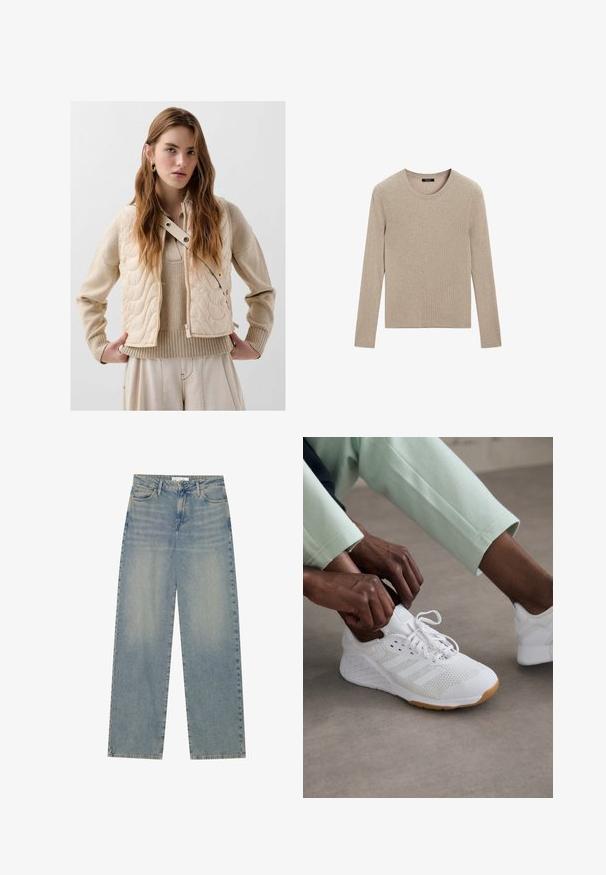 Beige gepolsterte Weste mit gestepptem Muster, ausgestattet mit einem seitlichen Reißverschluss, Druckknöpfen und einem hohen Kragen. Darunter wird ein gestrickter beiger Pullover getragen.; Massimo Dutti RIBBED CREW NECK - Strickpullover - LIGHT BROWN; Helle blaue, hochgeschnittene, gerade geschnittene Jeans aus Denim mit Fronttaschen, Gürtelschlaufen sowie sichtbarem Knopf- und Reißverschluss.; Weißer Sportschuh mit einem Mesh-Obermaterial, Gummisohle und einem Design mit drei Streifen. Die Schnürsenkel werden ajustiert; hellgraue und mintgrüne Kleidung ist sichtbar.