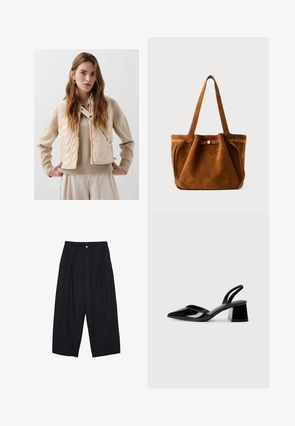 Beige prošívaná vesta s polstrováním, která má boční zip, patentky a vysoký límec. Pod ní je oblečený pletený béžový svetr.; Bílý tričko vyrobené z měkké, lehké tkaniny. Má kulatý výstřih a krátké, široké rukávy s uvolněným střihem. Bez viditelných vzorů.; Černé polyesterové culotte kalhoty s elastickým pasem, dvěma předními sklady a volným siluetou. Žádné viditelné vzory ani kovové detaily.; Černé lakované kožené lodičky na pásku s špičatou špičkou a geometrickým blokovým podpatkem. Vyznačují se elegantním, minimalistickým designem a hladkým povrchem.; Hnědá semišová taška s dvojitými uchy, páskem na knoflíkovém uzávěru a uvolněným, mírně pokleslým tvarem.