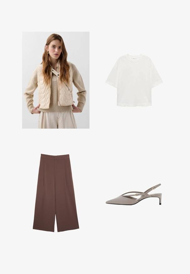 Gilet beige imbottito con una texture trapuntata, dotato di una cerniera laterale, bottoni a pressione e un colletto alto. Sotto è indossato un maglione beige in maglia.; T-shirt bianco a maniche corte con scollo rotondo, vestibilità comoda, realizzato in un tessuto morbido. Senza fantasie o dettagli, con orlo standard.; Pantaloni ampi marroni con una texture liscia, caratterizzati da una vita alta e pieghe frontali. Il tessuto è leggero e scorre liberamente.; Tacchi slingback beige con punta affusolata, sottili cinturini incrociati e tacco a stiletto corto. Tessuto liscio con inserti in hardware dorato.