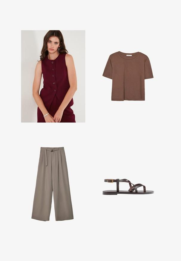 Burgundská bezrukávová vesta s těsným střihem, pěti hnědými knoflíky a dvěma předními kapsami, vyrobená z hladké látky.; Hnědé tričko s krátkým rukávem vyrobené z měkké látky, s kulatým výstřihem a volným střihem. Bez viditelných vzorů nebo dekorací.; Kalhoty s širokými nohavicemi v měkké, tlumené šedé látce, s páskem v pase a sklady pro přidaný designový detail. Hladká textura, bez vzorů.; Hnědé kožené sandály s kříženými pásky, uzavřením na přezku u kotníku a plochou podrážkou s minimem švů.