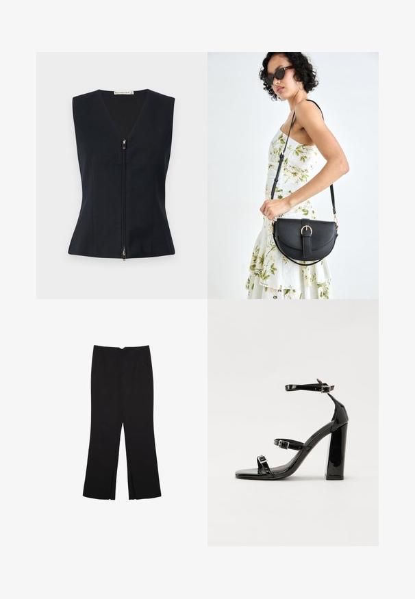 Schwarzes ärmelloses Top mit V-Ausschnitt, taillierter Passform, Reißverschluss vorne und glattem, strukturiertem Stoff.; Schwarzes Kurzarmoberteil aus glattem Stoff; hat einen drapierten Ausschnitt und einen asymmetrischen Saum, mit einem figurbetonten Körper.; Schwarze Hose mit geradem Schnitt, ausgestattet mit Fronttaschen und Seitenschlitzen am Saum. Hergestellt aus weichem, glattem Stoff. Geeignet für verschiedene Anlässe.; Schwarze patentierte Sandalen mit Absatz, quadratischer Spitze, Knöchelriemen und silbernen Schnallen. Mit einem stabilen Blockabsatz für mehr Stabilität.; Schwarze Lederhandtasche mit geschwungener Form, abnehmbarem Tragegurt und goldenen Beschlägen. Die Tasche verfügt über einen Deckel mit einer Schnallen-Details.