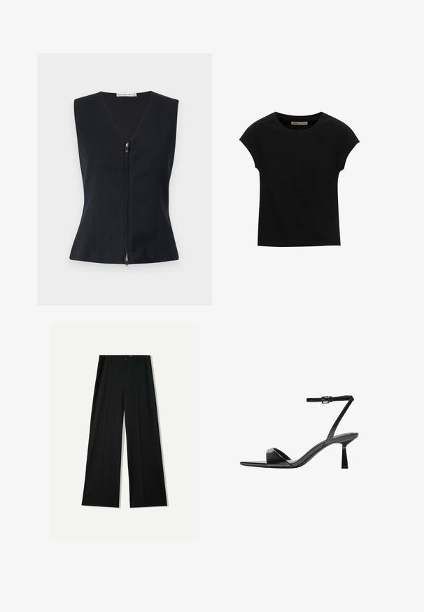 Črna brezrokavnik s krojem V-izreza, prilega se telesu, sprednji zadrgo in gladko, strukturirano blago.; Črna kratka majica s kratkimi rokavi, narejena iz mehke tkanine, z okroglim izrezom in sproščenim krojem, z gladko teksturo in brez vzorcev.; Bershka WIDE - Hlače - black; Bershka Sandali z visoko peto - black