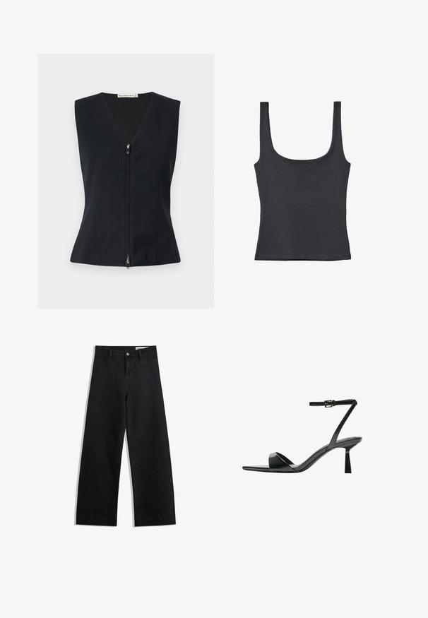 Černý bezrukávový top s výstřihem do V, přiléhavým střihem, předním zipem a hladkým, strukturovaným materiálem.; Černý tílko vyrobené z jemné směsi bavlny, s kulatým výstřihem a širokými ramínky, s přiléhavým střihem a bez viditelných vzorů.; Černé denimové kalhoty s volným střihem a vysokým pasem, vybavené předními a zadními kapsami, prošívanými švy a knoflíkovým zapínáním. Hladká textura.; Bershka Sandály na vysokém podpatku - black