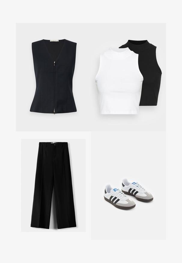 Top negru fără mâneci, cu decolteu în V, design ajustat, închidere frontală cu fermoar și țesătură netedă, structurată.; Două bluze fără mâneci, cu guler înalt, în culorile negru și alb, având un design ajustat și o textură netedă, cu o lungime scurtă.; Pantaloni negri cu picior larg, fabricați dintr-un material ușor, cu închidere frontală cu nasture și față plată, având tivuri cusute cu atenție.; Încălțăminte sport cu un superior din piele albă, vârf din suede gri și trei dungi negre. Prezintă un logo albastru pe limbă și o talpă din cauciuc texturat.