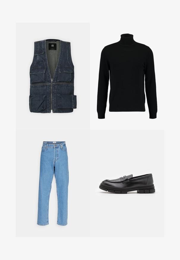 Džínová vesta s několika předními kapsami, se zipovým zapínáním a výstřihem do V. Barva je tmavě modrá s jemnou texturou.; Černý rolák vyrobený z měkkého pleteného materiálu. Má dlouhé rukávy, žebrovaný límec a lem. Jednoduchý, elegantní design bez vzorů.; Světle modré džínové kalhoty s vysokým pasem, rovnými nohavicemi, zapínáním na přední knoflík a zip, poutky na opasek a pěti kapsami na bílém pozadí.; Černé kožené mokasíny s hladkým povrchem, se zapínáním vpředu a masivní gumovou podrážkou se vroubkovanými detaily.
