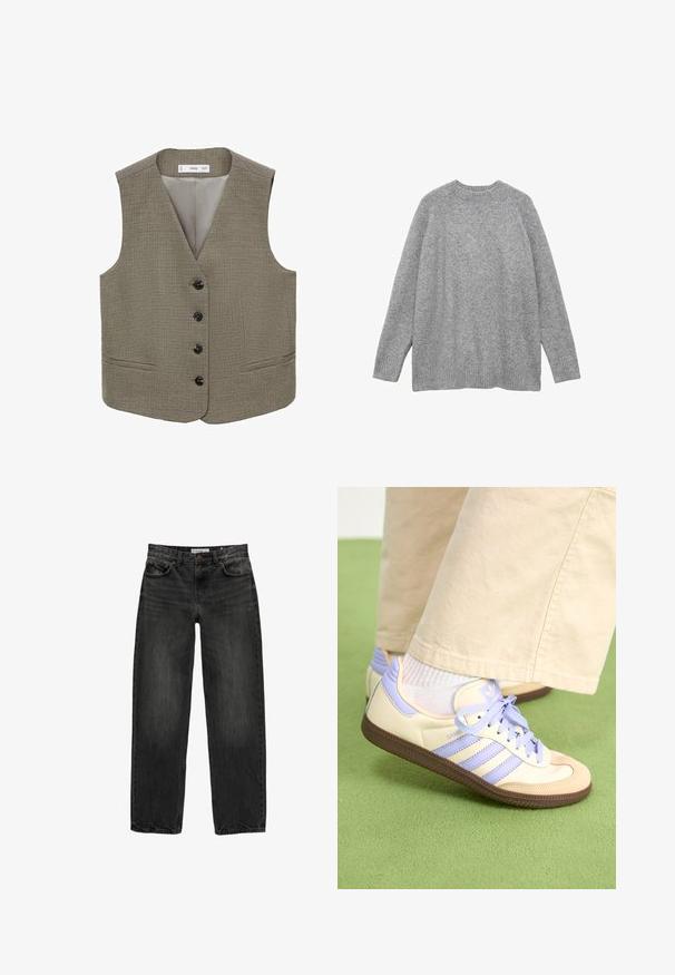 Mango Strukirani kaput - khaki; Sivi pleteni pulover od mekog materijala, s klasičnim okruglim izrezom, dugim rukavima i rebrastim manžetama i rubom.; Crne traperice od denima s opuštenim krojem, ravnim nogavicama, dizajnom s pet džepova i blago izblijedjelom teksturom. Zaključavanje na dugme i patentni zatvarač sprijeda.; Kremasto-ljubičaste tenisice s tri pruge i strukturiranim smeškim potplatom, s vezicama i podstavljenim petom. Mekana gornja tkanina.