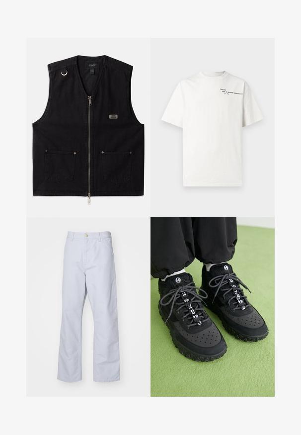 Černá bezrukávová vesta vyrobená z denimu s předním zipem, dvěma předními kapsami a kovovými detaily. Obsahuje značkovou nášivku na prsou.; Bílé bavlněné tričko s krátkými rukávy, kulatým výstřihem a černým potiskem na hrudi s nápisem "Carhartt Work in Progress 1989."; Světle modré kalhoty rovného střihu vyrobené z bavlny. Mají přední kapsu, zip a jeden kovový knoflík na pase.; Černé tenisky se vyznačují kombinací koženého a síťovaného materiálu, strukturovanou gumovou podrážkou, výraznými perforacemi a vzorovanými tkaničkami s číselnými akcenty.