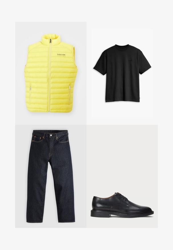 Gul pufferväst med hög krage, dragkedjestängning och två sidfickor. Har Red Bull Racing-logotypen på vänster bröst. Strukturerat, syntetmaterial.; Svart bomullströja med rund hals och korta ärmar. Har en diskret logotyp fram och en rak nederkant. Enkelt och minimalistiskt design.; Mörkblå denimjeans med rak passform, fem fickor, kontrasterande orange sömmar och knappgylf. Inga synliga mönster eller dekorationer.; Svart läderklänningsko med rund tå, snörning och låg staplad klack. Slät yta med minimala sömdetaljer.