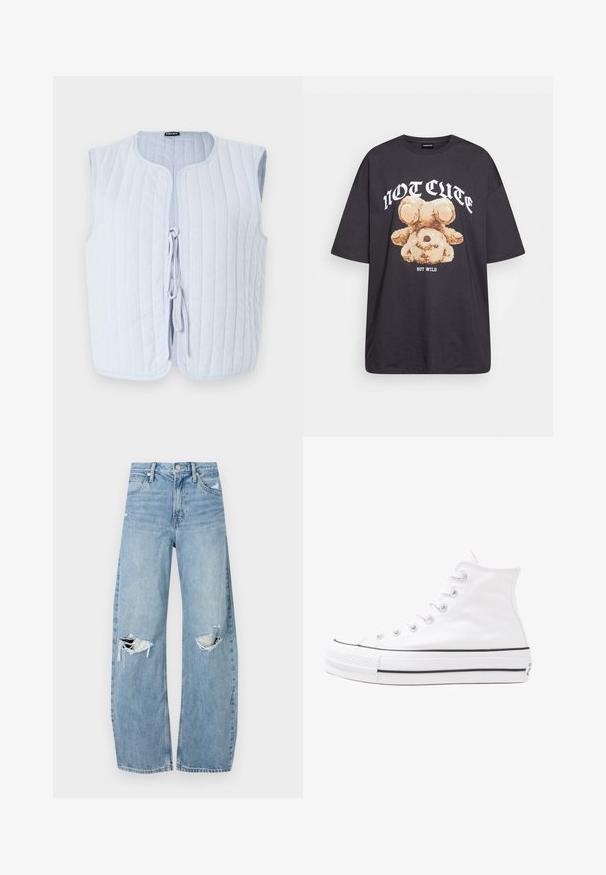 Világoskék párnázott mellény, kerek nyakkivágással, ujjatlan fazonban, elől megkötő záródással. Az anyag függőleges steppelt vonalakkal rendelkezik.; Fekete, oversized póló, rajta egy medvével és a "NEM CUKI, HANEM FÉKTELEN" felirattal vastag, fehér betűkkel. Pamut anyag.; Világoskék, magas derekú farmernadrág. Széles lábakkal, két szakadt térddel és klasszikus öt zsebes dizájnnal rendelkezik.; Fehér magaskorsó vászon sportcipő fekete gumi talppal, elülső gumi orrnyereggel és hat fűzőlyukkal, letisztult, minimalista dizájnnal.