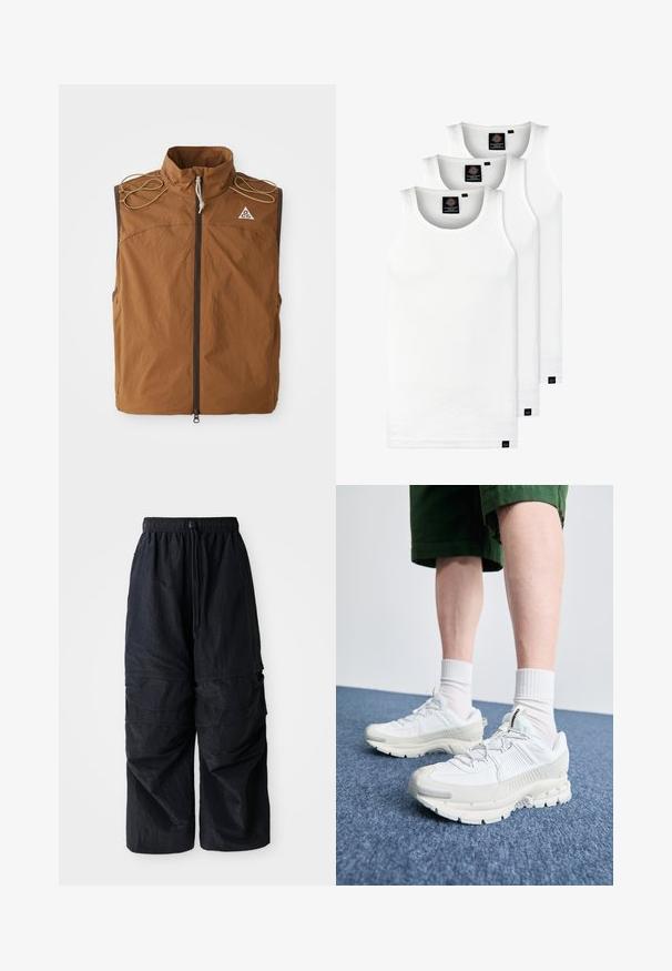 Rudas priekinis žieminis liemenė su aukštu apykakle, užtrauktuku ir petnešomis. Pagaminta iš lengvos medžiagos, ant viršutinės kairės pusės yra logotipas.; Trys balti, dryžuoti marškiniai be rankovių, pagaminti iš medvilnės. Yra apvalus kaklas ir maži juodi etiketės netoli siūlės. Siūlomi įvairių dydžių.; Juodos lengvos nailono cargo kelnės su elastingu juosmeniu, reguliuojamu raišteliu ir daugybe sluoksniuotų kišenių ant kojų.; Baltos sportinės bateliai su tekstūruotais uždengimais, masyviu padu ir pilkais akcentais. Dėvimi su baltais trumpais kojiniais ir žaliais šortais mėlyname paviršiuje.