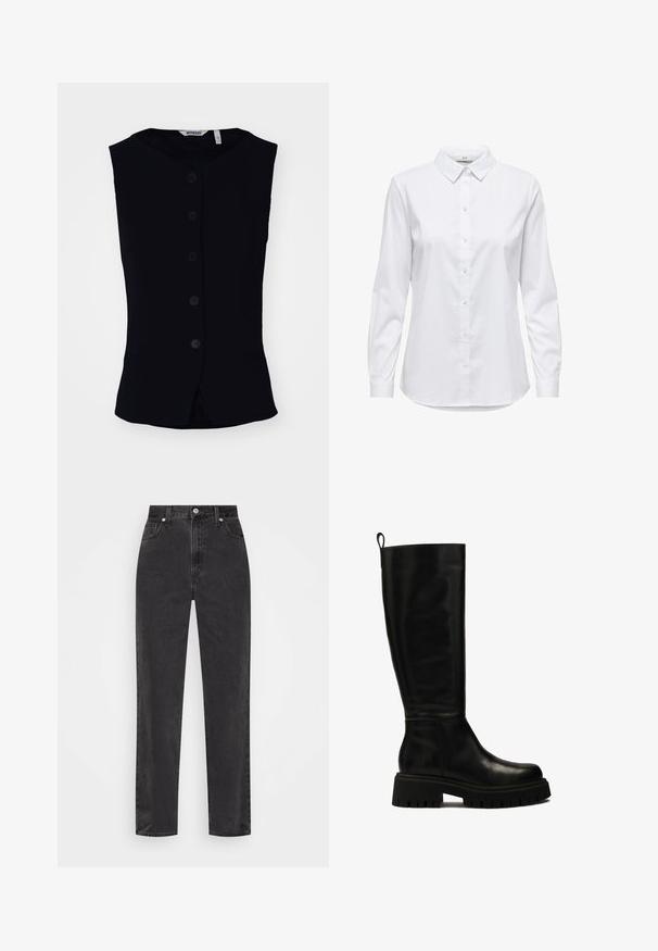 Weekday WAISTCOAT - Vest - black; Valge nööbiga särk pika varrukaga, struktureeritud krae ja ümar hem. Valmistatud sujuvast, ühtlasest kangast, ilma nähtavate mustrite või aktsentideta.; Sirged mustad teksapüksid kõrge vöökohaga, esi-nupp ja tõmblukk, viie taskuga stiil valgel taustal.; Mustad mustekadumisega nahast põlvekotisööbikud, millel on stiilne disain, ümar varvas ja paks kummitald, millel on sügavad sooned ja ülaservas tõmblukk.