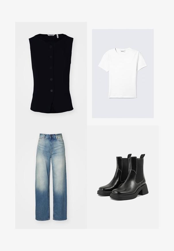 Weekday WAISTCOAT - Waistcoat - black; White short-sleeve t-shirt made of cotton, featuring a round neck and a straight hem. Minimalist design with no visible patterns or accents.; Light blue wide-leg jeans with a high waist, made from denim, featuring a faded gradient, five pockets, and metal hardware accents.; Black leather Chelsea boots with a chunky heel, elastic side panels, and contrasting white stitching. Textured finish.