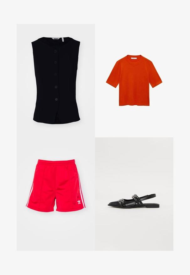 Weekday WAISTCOAT - Weste - black; Kurzarmpullover in Orange aus weichem Stoff, mit Rundhalsausschnitt und lockerer Passform, geradem Saum und ohne sichtbare Muster.; Rote Sportshorts mit elastischem Bund, ausgestattet mit weißen Seitenstreifen und einem gestickten Logo auf der unteren linken Seite. Glatte Textur.; Even&Odd Klassischer Ballerina - black