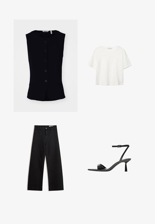 Weekday WAISTCOAT - Liivi - black; Valkoinen lyhythihainen T-paita, joka on tehty puuvillasta. Siinä on pyöreä kaula-aukko ja rento malli. Silkkinen pinta ilman näkyviä kuvioita tai koristeita.; Mustat leveät farkut korkealla vyötäröllä, joissa on etu- ja takataskut, ommellut saumat ja nappisuljenta. Silkinoinen rakenne.; Bershka Korolliset sandaalit - black