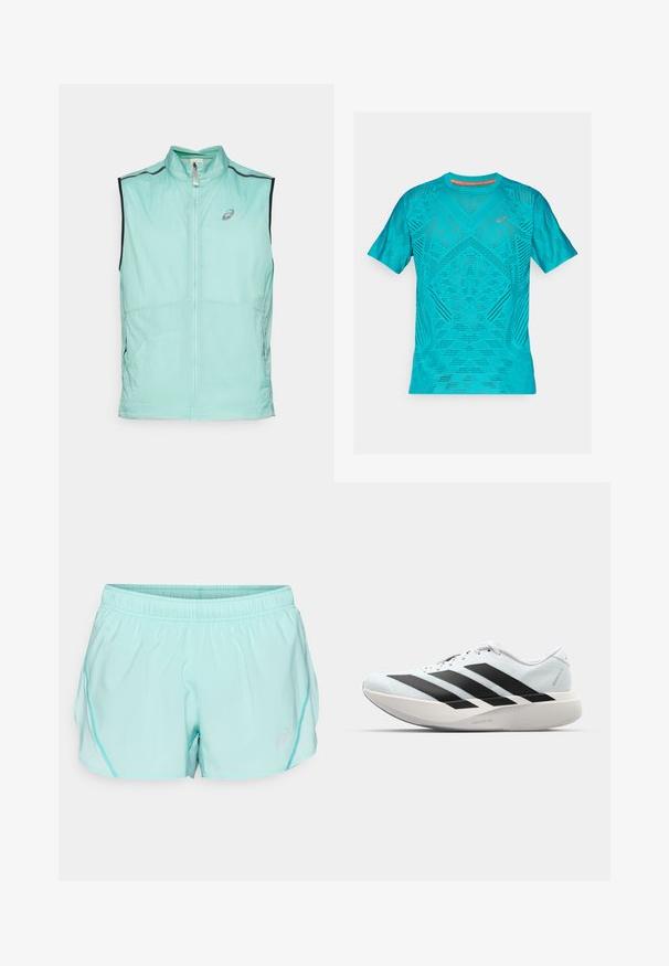 Lehká vesta v mátové barvě s vysokým límcem a zipovým zapínáním, s kontrastními černými akcenty a decentním logem na přední straně.; Tyrkysové sportovní tričko s krátkým rukávem, které má strukturovaný, prodyšný síťovaný design a reflexní detaily na hrudi.; Světlé tyrkysové sportovní šortky s elastickým pasem, bočními síťovinovými panely a malým logem na spodní části předního dílu. Hladká textura a volný střih.; Lehké běžecké boty v světle modré barvě s černými pruhy. Mají hladký svršek, kulatou špičku a silnou bílou mezipodešev označenou "LIGHTSTRIKE PRO."