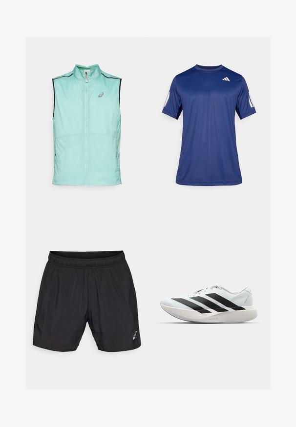 Colete leve verde menta com gola alta e fecho de zíper, apresentando detalhes em preto contrastantes e um logo subtil na frente.; Camisola atlética de manga curta azul marinho, feita de tecido suave, com decote redondo e um detalhe do logótipo branco na parte superior esquerda do peito.; Calções atléticos pretos feitos de material leve, com um cós elástico e um pequeno logótipo no canto inferior esquerdo.; Tênis de corrida leves em azul pálido com riscas pretas. Apresentam um cabedal liso, bico redondo e uma entressola espessa branca rotulada como "LIGHTSTRIKE PRO."