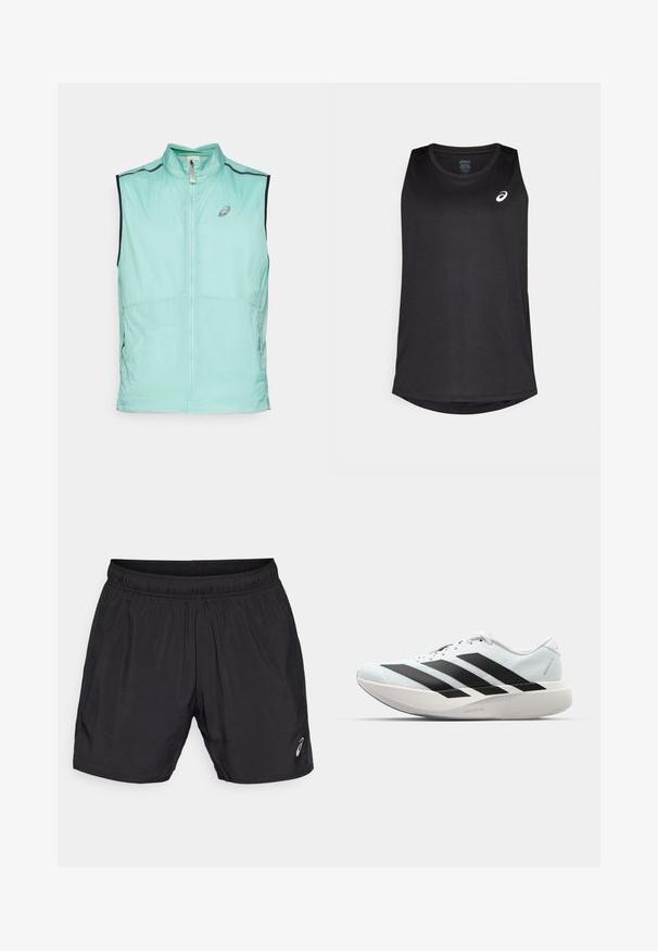 Lightweight mint green vest with a high collar and zipper closure, featuring contrasting black accents and a subtle logo on the front.; Black sleeveless athletic tank top made of lightweight fabric, featuring a rounded hem and a white logo on the front upper left.; Black athletic shorts made from lightweight material, featuring an elastic waistband and a small logo on the lower left side.; Lightweight running shoes in pale blue with black stripes. Features a smooth upper, round toe, and thick white midsole labeled "LIGHTSTRIKE PRO."