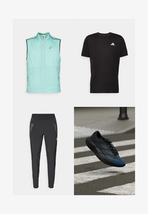 Gilet leggero verde menta con colletto alto e chiusura con zip, caratterizzato da accenti neri a contrasto e un logo discreto sul davanti.; T-shirt in cotone nero con maniche corte, scollo rotondo e logo bianco sul lato sinistro del petto. Texture liscia e design semplice.; adidas Performance REAL MADRID TIRO25 PRO VIS TECH TRAVEL PANT - Squadra - black/lucid lemon; Scarpa sportiva nera e blu con un design aerodinamico, presenta una tomaia testurizzata, strisce a contrasto e una suola ammortizzata, sospesa sopra l'asfalto.