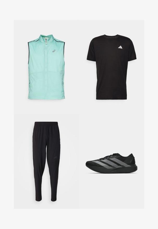 Lightweight mint green vest with a high collar and zipper closure, featuring contrasting black accents and a subtle logo on the front.; Black cotton t-shirt with short sleeves, crew neckline, and a white logo on the left chest. Smooth texture and simple design.; Black athletic pants with an elastic waistband, tapered design, side pockets, and subtle logo detail. Made from flexible, breathable fabric.; Black athletic shoes with a lightweight design, featuring three prominent gray stripes, a smooth texture, and a contoured sole.