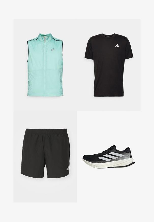 Ľahký mätovo zelený vest s vysokým golierom a zipsom, ktorý má kontrastné čierne akcenty a decentné logo na prednej strane.; Čierne bavlnené tričko s krátkymi rukávmi, klasickým výstrihom a bielym logom na ľavej strane hrude. Hladká textúra a jednoduchý dizajn.; Čierne atletické šortky s elastickým pásom, bočnými rozparkami a reflexnými logovými akcentmi. Vyrobené z ľahkej, hladkej tkaniny.; Čierna atletická topánka s dizajnom z mriežky, s bielymi prúžkami, zaoblenou špičkou a textúrovanou podrážkou pre lepšiu priľnavosť a podporu.