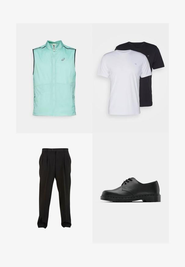 Lagani mint zeleni prsluk s visokim ovratnikom i zatvaranjem na patentni zatvarač, s kontrastnim crnim detaljima i suptilnim logotipom sprijeda.; Dva pamučna majice, bijela i crna, kratkih rukava s okruglim izrezom, s malim logotipom na prsima, glatke teksture.; Crne hlače od glatke tkanine, s prednjim nabora, pojasom sa gumbom i sužavajucim donjim dijelovima. Klasična krojena silueta.; Crne kožne oxford cipele s vezivanjem, zaobljenim vrhom, ravnim gumenim potplatom i suptilnim detaljima šivanja duž gornjeg dela.