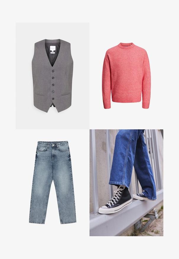 Hallide v-kaelusega hall vest, millel on kuus nuppu ees, kaks küljetaskut ja sile tekstuur. Vooderatud sisemus, millel on silt brändi nimega.; Pehme roosa ümarkaelusega sviiter, millel on pikad varrukad ja soonikkoes varrukate ning helma ääred, esitatud valgel taustal.; Heledad sinine teksad sirge lõikega, nähtavate õmblustega, viie taskuga disain ja nupuga kinnitamine vööl.; Mustad mustade kõrgete tossudega, millel on valge tallaga ja valged paelad, koos vaba sinise denimidega, mis puhkavad hallil piiridel.