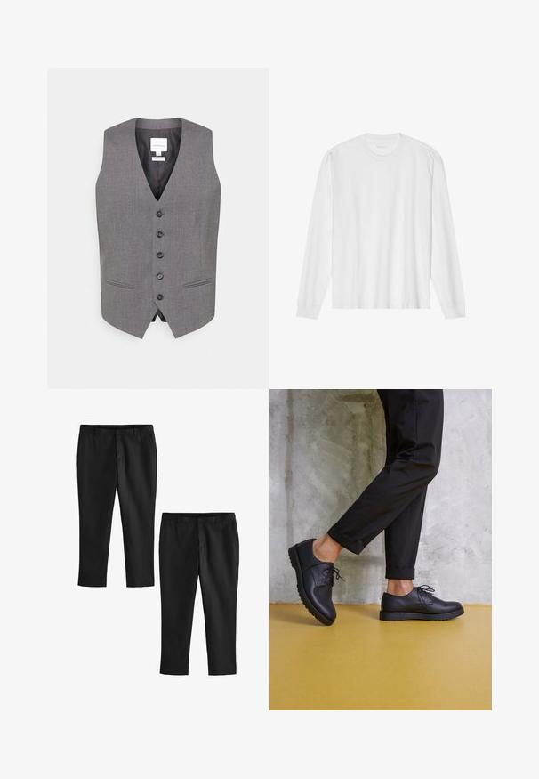 Hallide v-kaelusega hall vest, millel on kuus nuppu ees, kaks küljetaskut ja sile tekstuur. Vooderatud sisemus, millel on silt brändi nimega.; Pika, pikkide varrukatega valge puuvillane T-särk, millel on ümar kaelus ja soonikkoes mansetid. Lihtne, kaunistusteta disain, mis hõlmab siledat tekstuuri ja standardset sobivust.; Mustad mustad püksid siledast materjalist, sirge jala disainiga ja keskmise kõrgusega vöökoht. Näidatud on kaks paari, millest üks on lühendatud.; Mustad musträäriga nahast kingad ümarate varvastega, tekstureeritud pind ja paks kummist tall. Kantud rullitud mustade pükste koosseisus betoonitausta taustal.