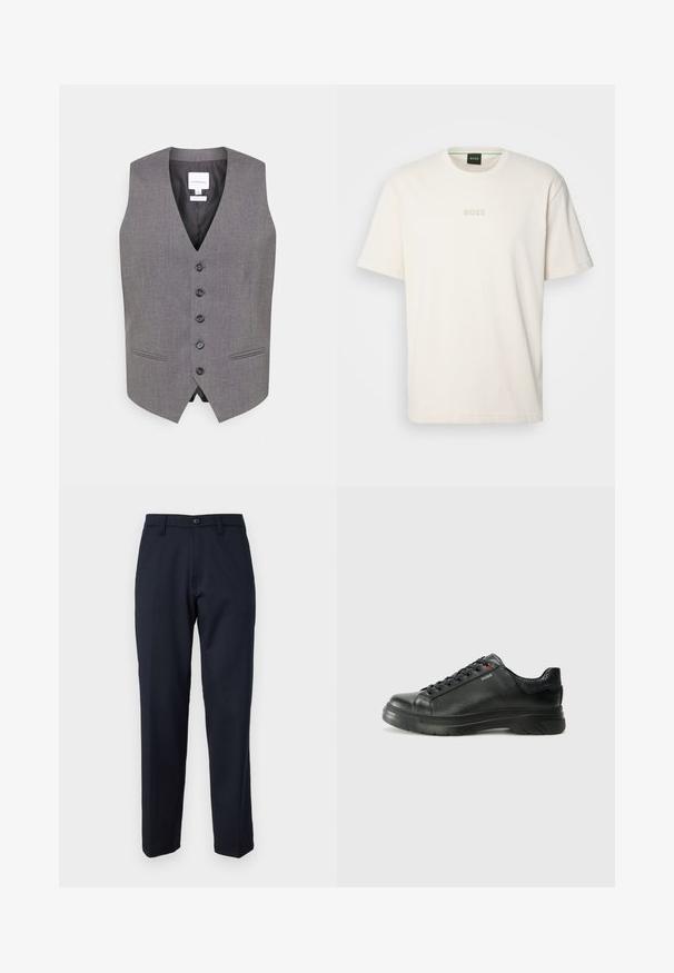 Šedá vesta s výstřihem do V, šesti knoflíky vpředu, dvěma bočními kapsami a hladkým povrchem. Podšívkový interiér s štítkem zobrazujícím název značky.; BOSS TEE - Jednoduché tričko - open white; Námořnické modré kalhoty vyrobené z hladkého materiálu, s předním knoflíkem, rovnými nohavicemi a bočními kapsami. Žádné vzory ani ozdoby nejsou viditelné.; Černé kožené tenisky s texturovaným svrškem, polstrovaným límcem a červeným logem. Disponují tlustou gumovou podrážkou s výrazným vzorem.