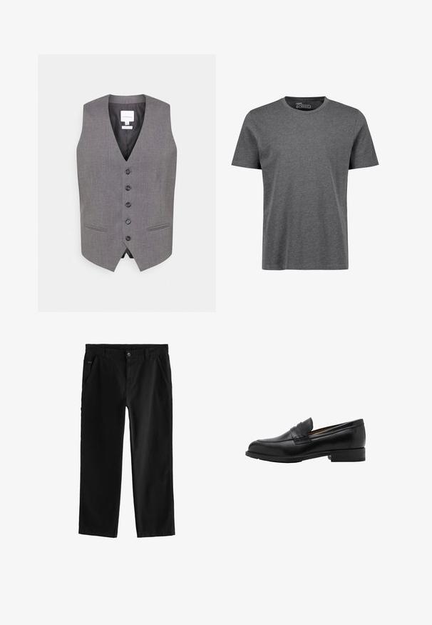 Harmaa liivi, jossa on V-pääntie, kuusi nappia edessä, kaksi sivutaskua ja sileä pinta. Vuorattu sisäosa, jossa on brändinimi näyttävä etiketti.; Harmaa, säännöllisesti istuva lyhythihainen T-paita, joka on valmistettu pehmeästä kankaasta. Siinä on pyöreä kaula-aukko ja olkasaumoissa vain minimaalista ompelutietoa.; Mustat puuvillahousut suoralla lahkeella, joissa on etu-napitus, viistot sivutaskut ja hienovaraiset ompeluyksityiskohdat.; Mustat nahka loafersit, joissa on ommeltu etuosa ja litteä korko. Sileä pintakuvio, pyöristetty kärki ja koristeellinen nauha jalkapöydän yli.