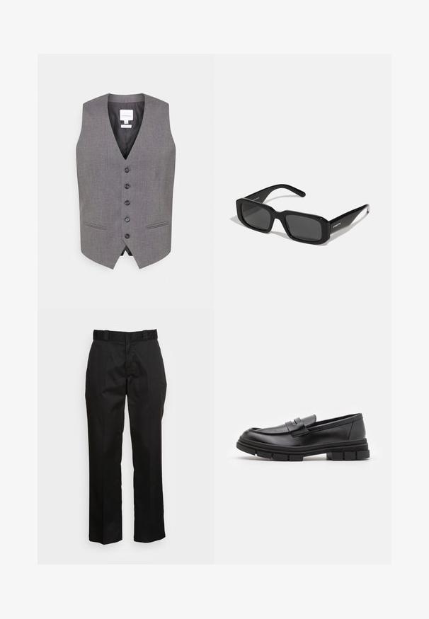 Harmaa liivi, jossa on V-pääntie, kuusi nappia edessä, kaksi sivutaskua ja sileä pinta. Vuorattu sisäosa, jossa on brändinimi näyttävä etiketti.; Kaksi tavallista t-paitaa, yksi musta ja yksi valkoinen, valmistettu puuvillasta. Kumpikin on pyöreäkauluksellinen ja lyhyt袖s, yksinkertainen muotoilu, ilman kuvioita.; Mustat housut, jotka on valmistettu sileästä kankaasta, suoran lahkeen muotoilu, vyölenkit ja kaksi sivutaskua. Klassinen ilme ilman koristeita.; Mustat nahkaa olevat loaferit, joissa on sileä pinta, varustettuna edessä olevalla hihnalla ja paksulla kumipohjalla, jossa on uritettua muotoilua.; Arnette THEKIDD UNISEX - Aurinkolasit - black