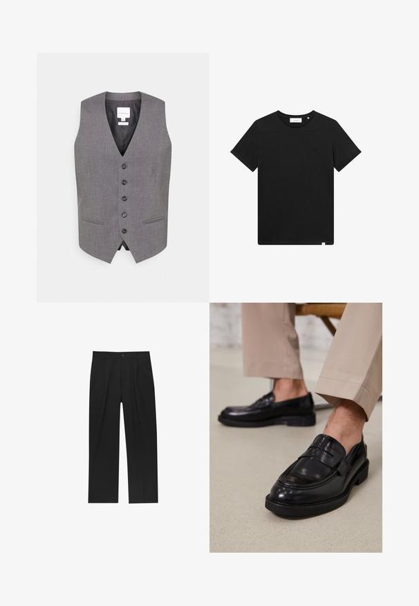 Szürke mellény V-nyakú kivágással, elöl hat gombbal, két oldalsó zsebbel és sima textúrával. Bélelt belső rész, márkanevet feltüntető címkével.; Fekete rövid ujjú pamut póló, kerek nyakkal és egy kis géppel hímzett logóval a mellrészen. Sima tapintás, szabványos illeszkedés.; Fekete nadrág egyenes szárú kialakítással, sima anyagból készült. Elöl redők és egy gombos záródás található a derékon.; Fekete bőr loaferek sima felülettel, díszítő pánttal és kontrasztos varrással, bézs nadrággal párosítva.