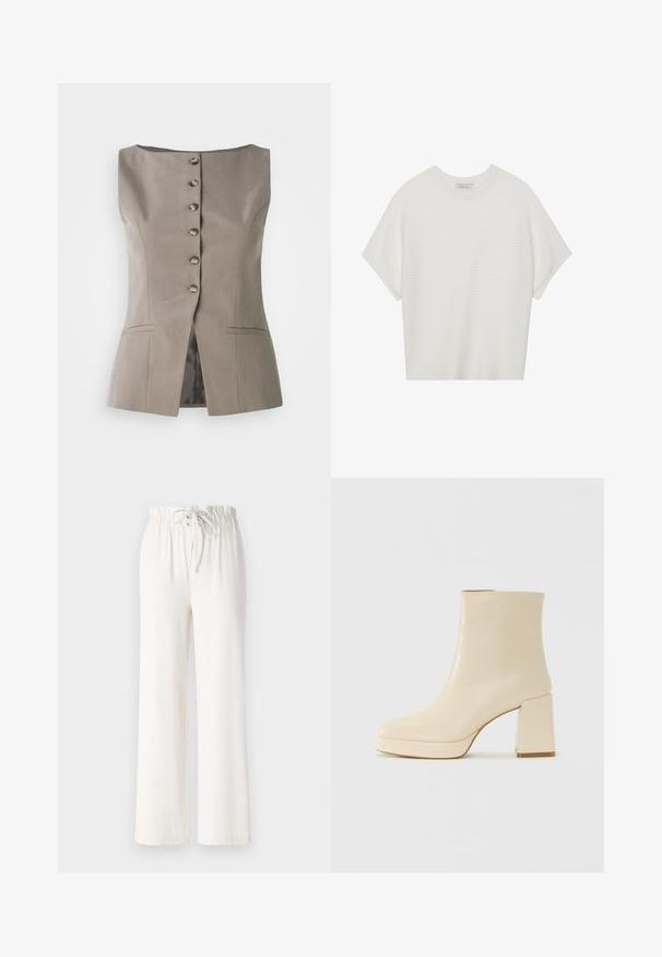 Rudas pritaikytas liemenė, turinti aukštą apykaklę, šešis mygtukus priekyje, dvi priekinės kišenes ir šiek tiek platėjančią siluetą.; Balta trumpa rankovėmis marškinėliai su plačiu apykakle ir tekstūruotu gumbelių raštu, pagaminti iš minkštos medžiagos, pasižymintys laisvu siluetu ir tvarkingu dizainu.; Balti plačios kelnės, pagamintos iš minkštos medžiagos, su raišteliu liemens srityje ir glotnia tekstūra. Nėra matomų raštų ar puošmenų.; Smėlio spalvos odiniai aulinukai su blokuotu kulnu ir platforma, lygiu paviršiumi ir šiek tiek kvadratiniu nosiu, pasukti kairėn ant balto fono.