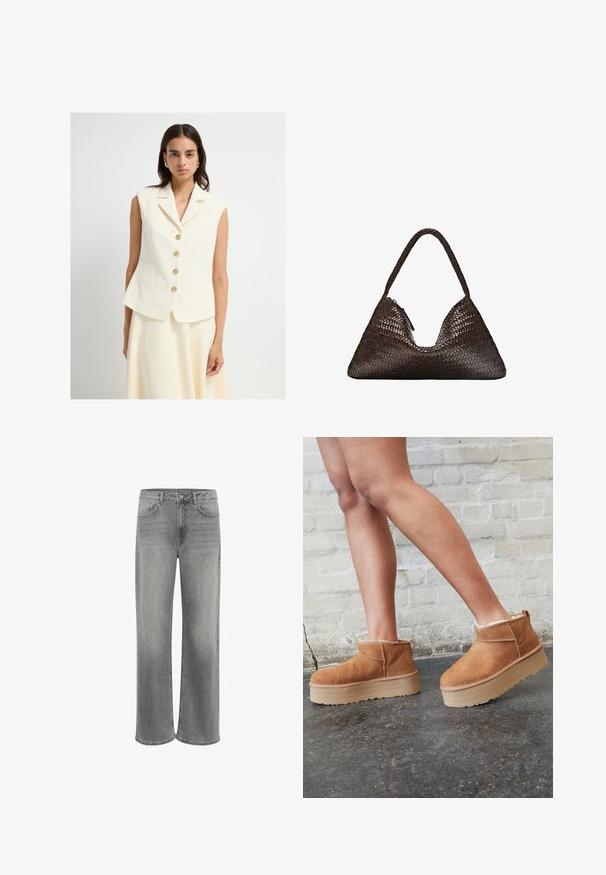 Cremefarvet ærmeløs vest med klapkrave, fem guldknaplukninger foran og to forlommer. Glat tekstur og skræddersyet pasform.; Lys grå strikket langærmet sweater med ribbet kant og manchetter, med en V-hals og afslappet pasform.; Hvid kortærmet t-shirt lavet af bomuld. Har en rund halsudskæring og en afslappet pasform. Glat tekstur uden synlige mønstre eller detaljer.; Vide ben jeans i grå denim, med høj talje, fem lommer, lukning med knap foran og subtilt slid på stoffet.; Brune ruskinds ankelsko med en blød foring, tyk beige plattformsål og en bageste løkke. Tekstureret overflade med synlige sømdetaljer.; Mørkebrun trekantet håndvævet læderhåndtaske med en enkelt flettet hank og synlig lynlåstrækker på den ene side.; Sæt af otte sølvringar med forskellige design, herunder glatte, teksturerede og en med små perler. Funktioner inkluderer kurver og accenter.