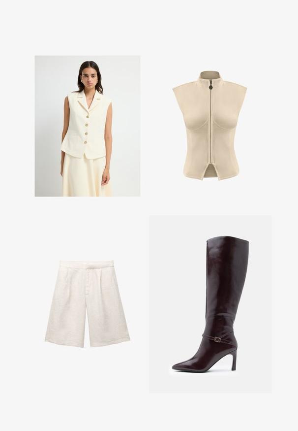 Cremefarvet ærmeløs vest med klapkrave, fem guldknaplukninger foran og to forlommer. Glat tekstur og skræddersyet pasform.; Beige ærmeløs jakke med høj krave og central lynlås. Glat stof med en struktureret form og splitsøm i bunden.; Beige linnedragt med brede ben, der har folder foran og en glat talje. Stoffet har en let struktureret overflade.; Brune læder knæhøje støvler med spids tå, stiletthæl og et dekorativt spænde om anklen. Glat tekstur.
