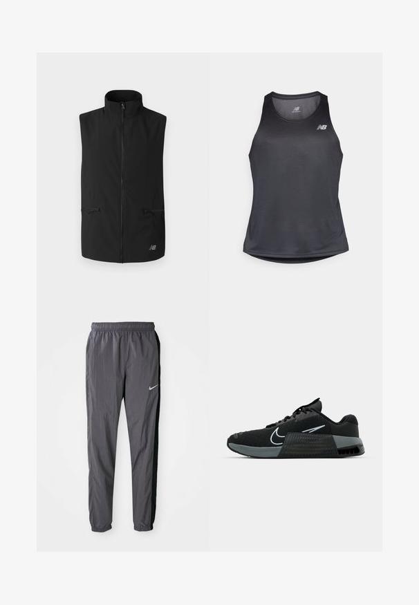 Juodas rankovių neturintis liemenė, su aukštu apykakle, pilnu priekiu užtraukiama užtrauktuku, dviem kišenėmis su užtrauktukais ir logotipu dešiniajame apatinėje pusėje. Lygus paviršius.; Juodas sportinis atletiškas rankovių marškinėliai, pagaminti iš drėgmę pašalinančios medžiagos, su apvaliu kaklu ir subtiliu tekstūruotu raštu, ant krūtinės su balta logo.; Nike treniruotės kelnės, pagamintos iš lengvo audinio, tamsiai pilkos spalvos su juodomis šoninėmis juostomis. Turi elastinį juosmenį ir atspindinčią logotipą.; Juodas sportinis batas su tinklo viršumi, pilkais akcentais ir tekstūruotu viduriniu padais. Yra išsiskiriantis logotipas ir batraiščių dizainas. Guma padais užtikrina sukibimą.