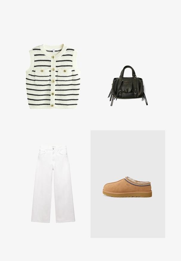 Strik uden ærmer i off-white med sorte striber, med rund halsudskæring, to forlommer og detaljer med guldtonede knapper.; Hvid langærmet top med bådudskæring. Lavet af blødt materiale, harflammende ærmer og en lige kant, hvilket giver et enkelt og alsidigt design.; Hvide bredde bukser lavet af bomuld, med høj talje, fem-lomme design og messingdetaljer. Glat, ikke-slidt tekstur.; Tan ruskinds slip-on sko med et tekstureret uldfor og dekorativ etnisk-inspireret stitching rundt om kraven. Har gummisål.; Sort læderhåndtaske med flettede håndtag, lynlåslomme og hængende frynser. Tekstureret overflade med metalnitter og hardware-accenter.