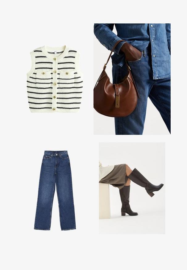 Knitted ilman hihoja oleva villapusero off-white väreissä ja mustilla raidoilla, jossa on pyöreä kaula-aukko, kaksi etutaskua ja kultasävyiset napit.; Kaksi hihattomaa ribbikuvioista poolopaitaa ruskeana ja mustana, esillä yksinkertaisella valkoisella taustalla.; Korkeavyötäröiset, leveälahkeiset siniset farkut, joissa on nappikiinnitys, viisi taskua ja hieno haalistuma kankaassa.; Ruskea nahkainen polvipituiset saappaat, joissa on neliön muotoinen varvas, paksu korko ja sivuvetoketju. Luja rakenne ja kiiltävä pinta.; Ruskea nahkainen hobo laukku pyöreällä muotoilulla, jossa on kultaiset yksityiskohdat ja kontrastiväriommeltu. Yhdistetty farkkupaitaan ja farkkuihin.