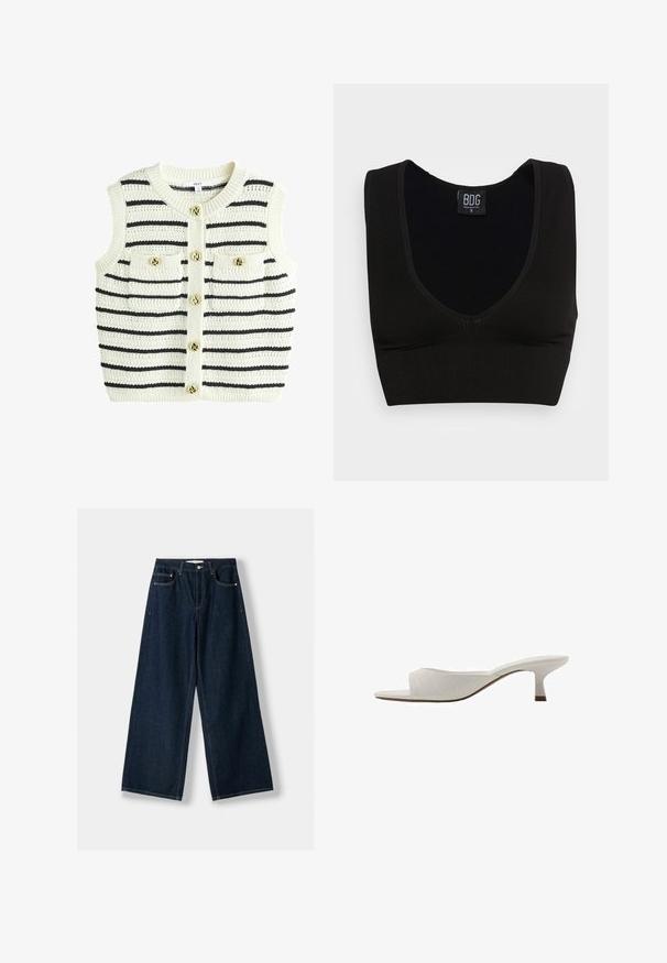 Ärmelloser Strickpullover in Off-White mit schwarzen Streifen, mit Rundhalsausschnitt, zwei vorderen Taschen und goldfarbenen Knopfdetails.; Schwarzes, geripptes Crop-Top mit breiten Trägern und einem tiefen V-Ausschnitt. Das Etikett trägt die Aufschrift "BDG", Größe S, mit einer glatten Textur und passgenauer Form.; Dunkelblaue, weit geschnittene Jeans aus Denim. Verfügt über fünf Taschen, einen Knopf- und Reißverschluss sowie Kontrastnähte.; Weiße offene Mules mit geschwungenem Design, niedrigem Absatz, glatter Textur und einem dezenten gestickten Muster. Brauner Akzent am Absatzboden.
