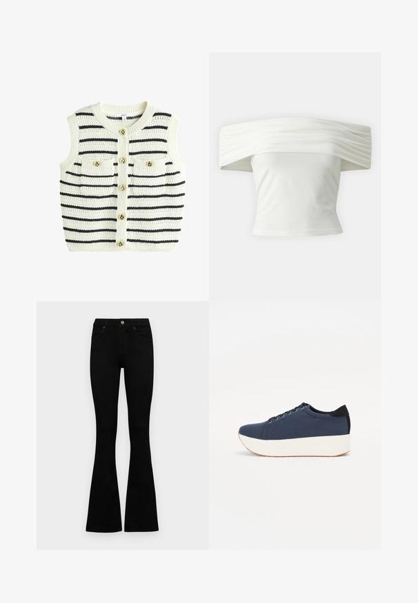 Adīts bez piedurknēm džemperis ofisa baltā krāsā ar melnām svītrām, ar apaļu kaklu, divām priekšējām kabatām un zelta krāsas pogu detaļām.; Balta blūze ar atvērtām plecu daļām un plēktām, strukturētām kakla izgriezumiem, kā arī pieguļošu modeli. Izgatavota no mīksta auduma ar gludu tekstūru.; Melni augsta jostas šorti ar pogu un rāvējslēdzēju, priekšējām kabatām un izplestām kājām, nolikti uz balta fona.; Navy zilo apavi ar strukturētu auduma augšdaļu, baltu platformas zoli, noapaļotu pirkstu daļu un melnu papēža akcentu. Iekļautas sešas acs caurumi šnuķēšanai.